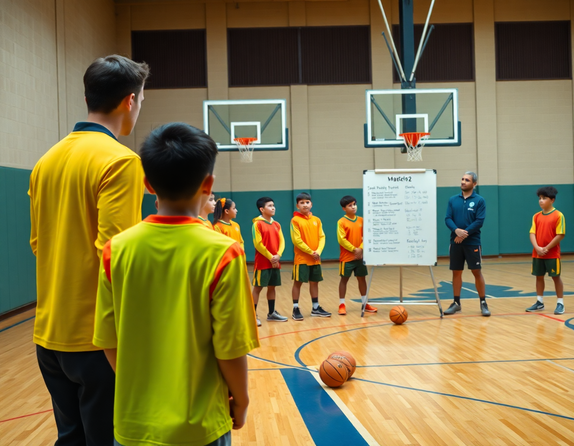 Ejercicios baloncesto categoria infantil: entrenador con pizarra durante planificación semanal en la cancha.