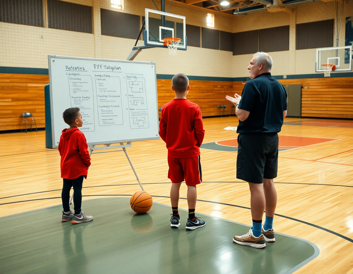 Primer plano de entrenador usando un whiteboard para convertir ejercicios baloncesto infantil pdf en jugadas.