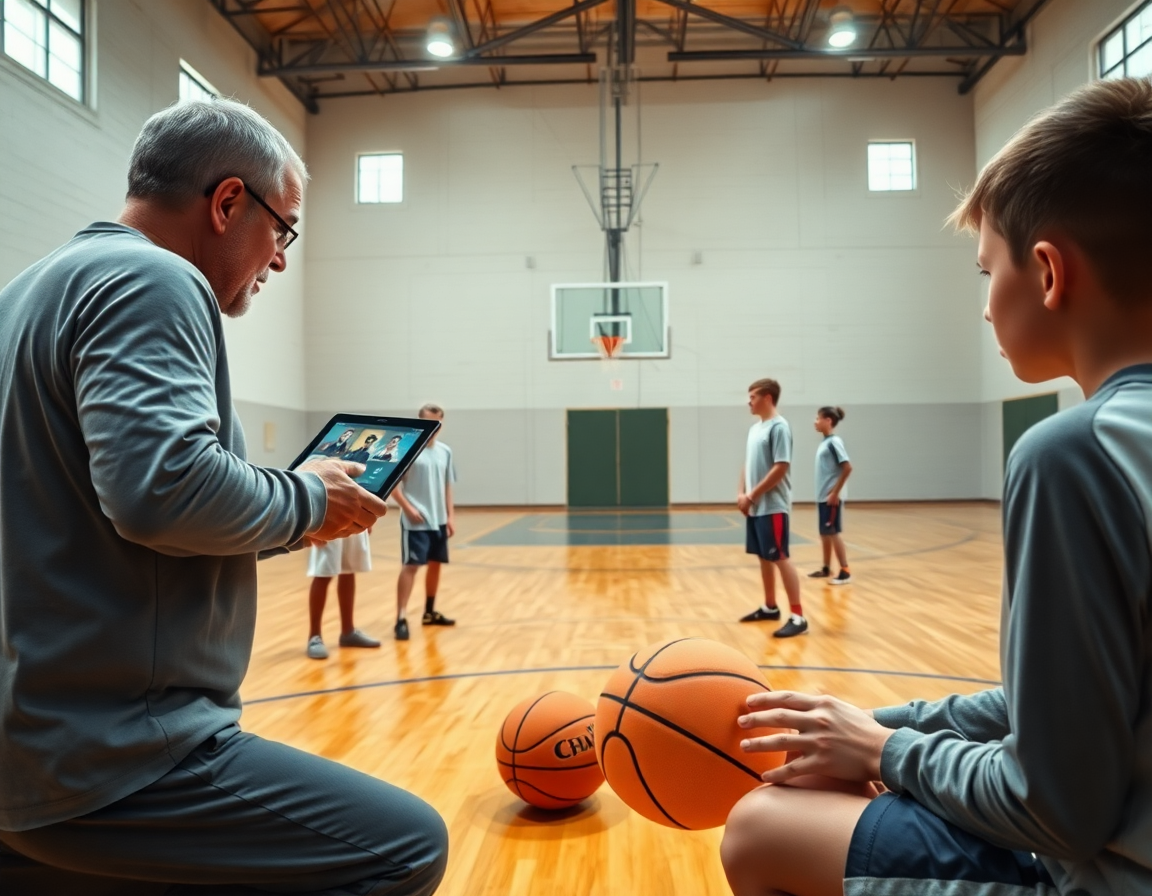 Primer plano de entrenador usando clips de video para convertir ejercicios baloncesto infantil pdf en práctica.