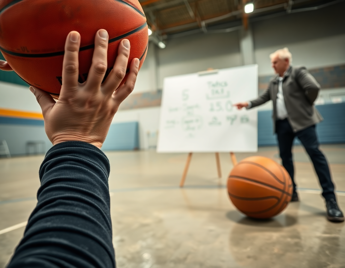 Primer plano de ejercicios baloncesto junior, con manos sosteniendo un balón de baloncesto y entrenador señalando tácticas.