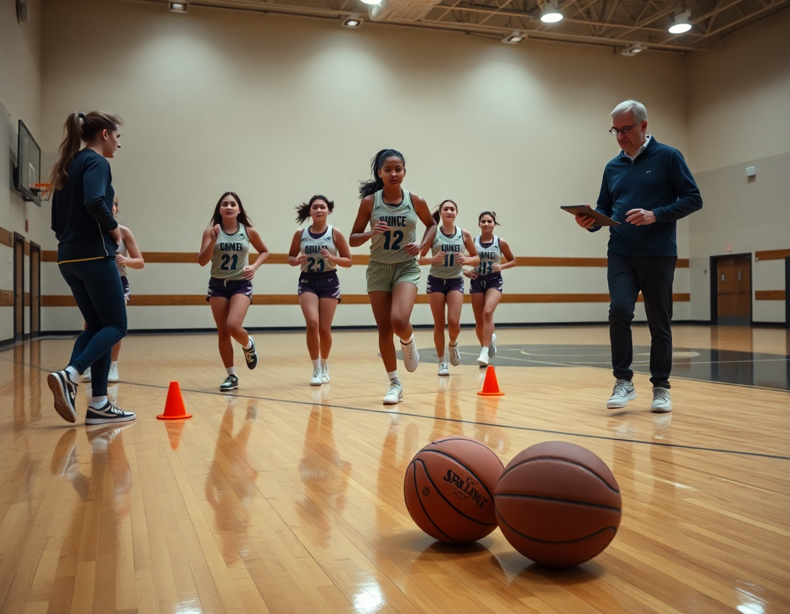 Entrenador analiza jugadas con ejercicios baloncesto senior femenino en la cancha, durante la práctica.