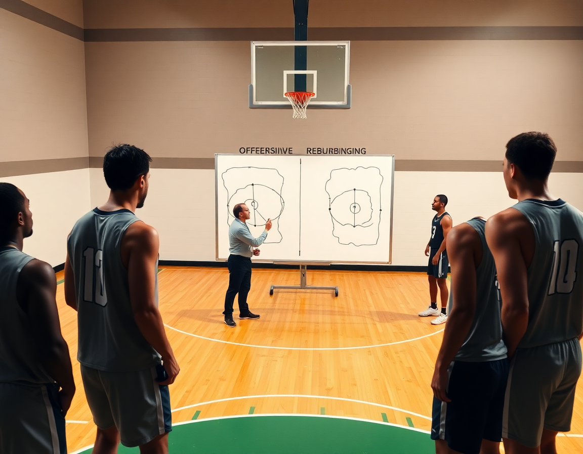 Diagrama táctico para rebotes baloncesto mostrado en pizarra, con jugadores observando y aplicando rutas de rebote.