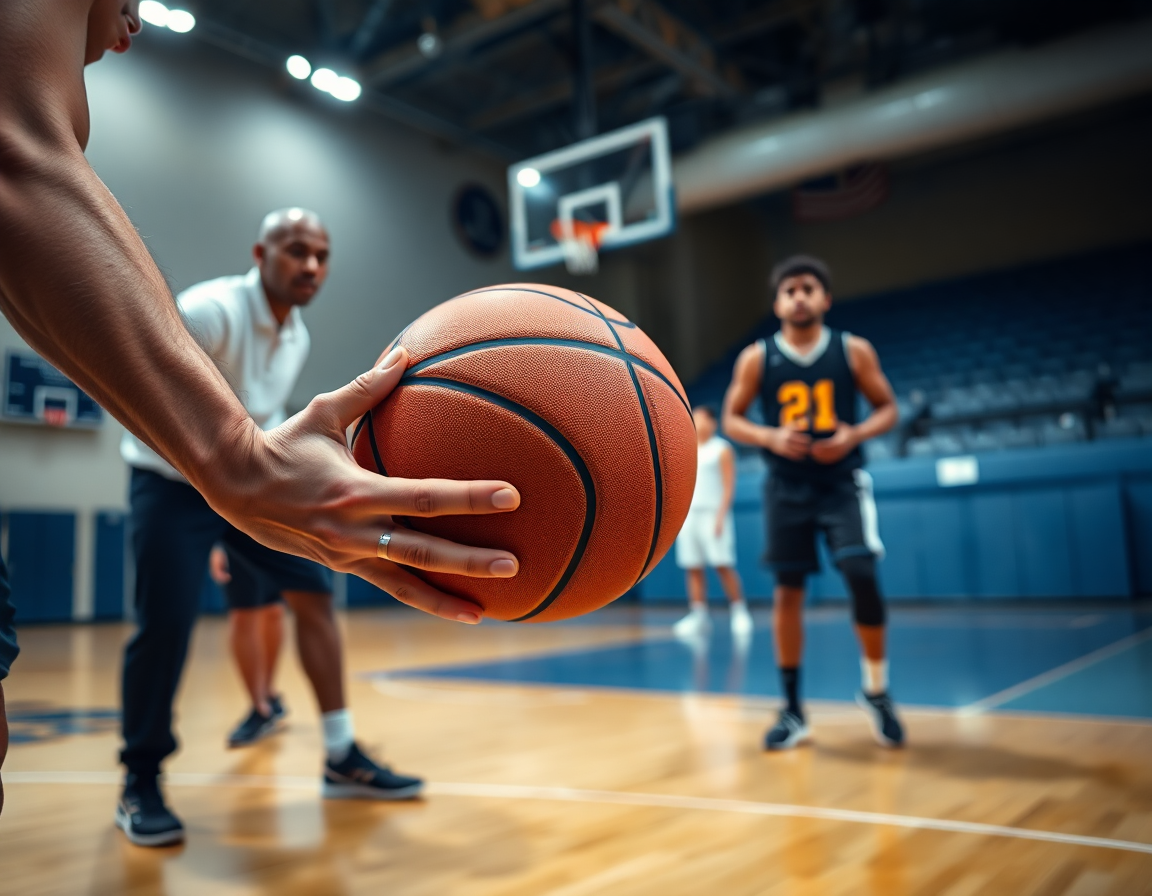 Primer plano de manos y balón de baloncesto niños practicando ejercicios bote baloncesto niños con enfoque.