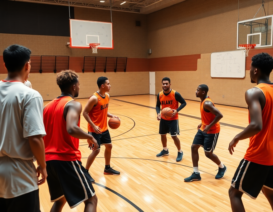 Varios jugadores realizan un dribble de baloncesto de nivel medio en la cancha de madera.