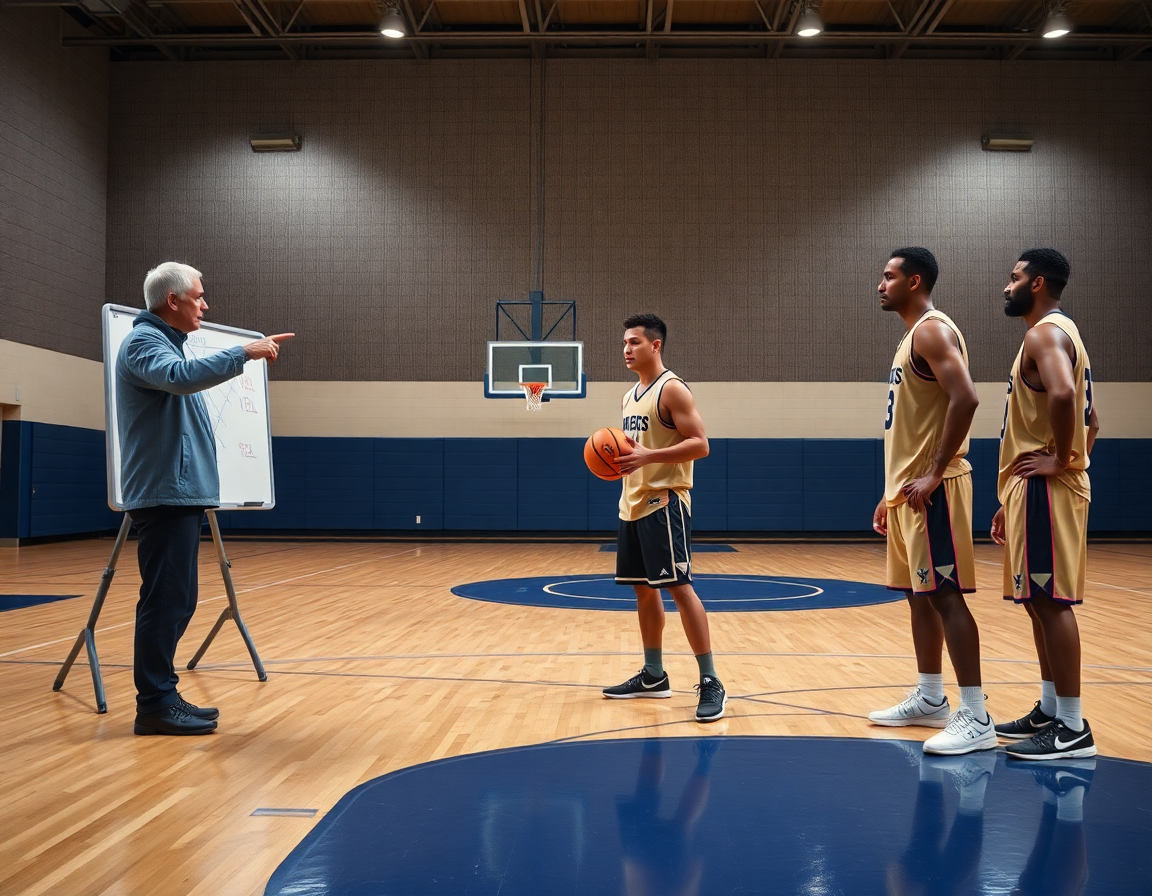 Plano medio del entrenador con pizarra táctica explicando ejercicios bote baloncesto minibasket a dos jugadores.