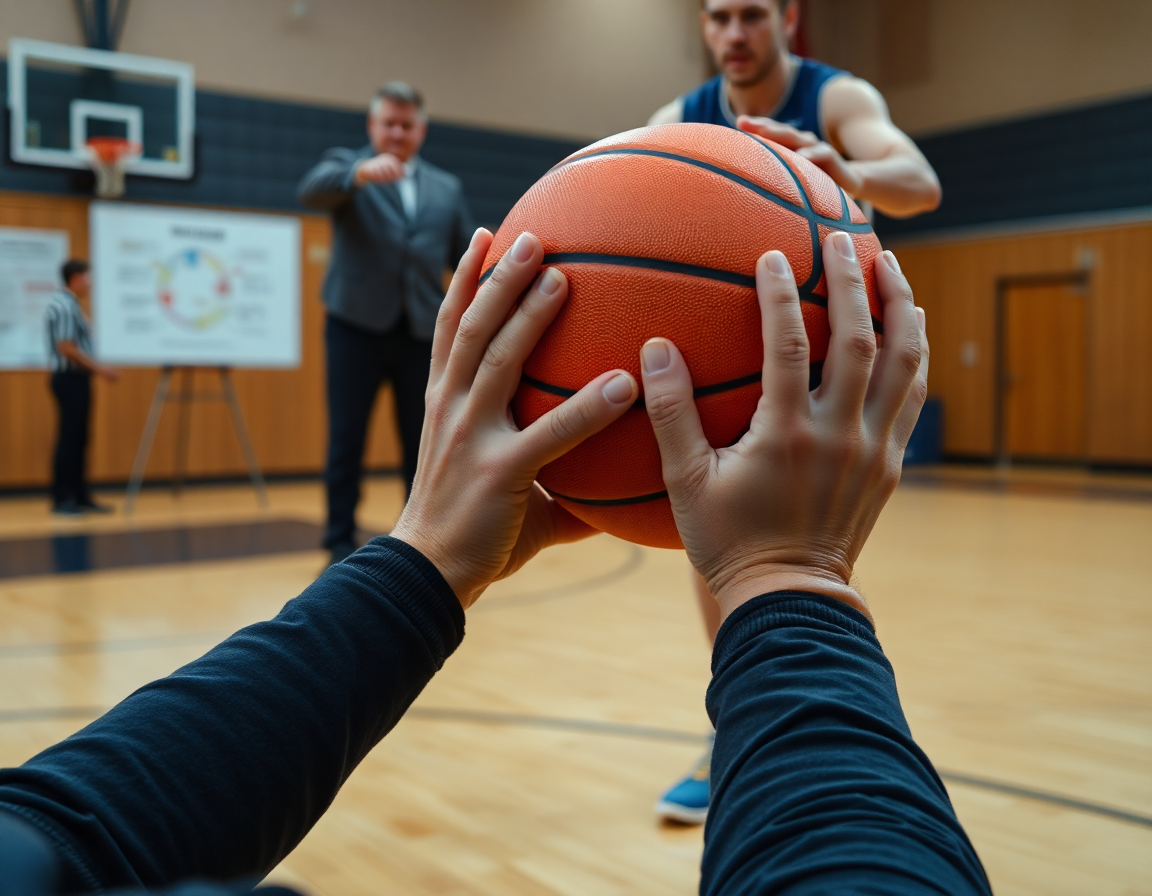 Primer plano de las manos sujetando un balón naranja para ejercicios de bote y pase en baloncesto.