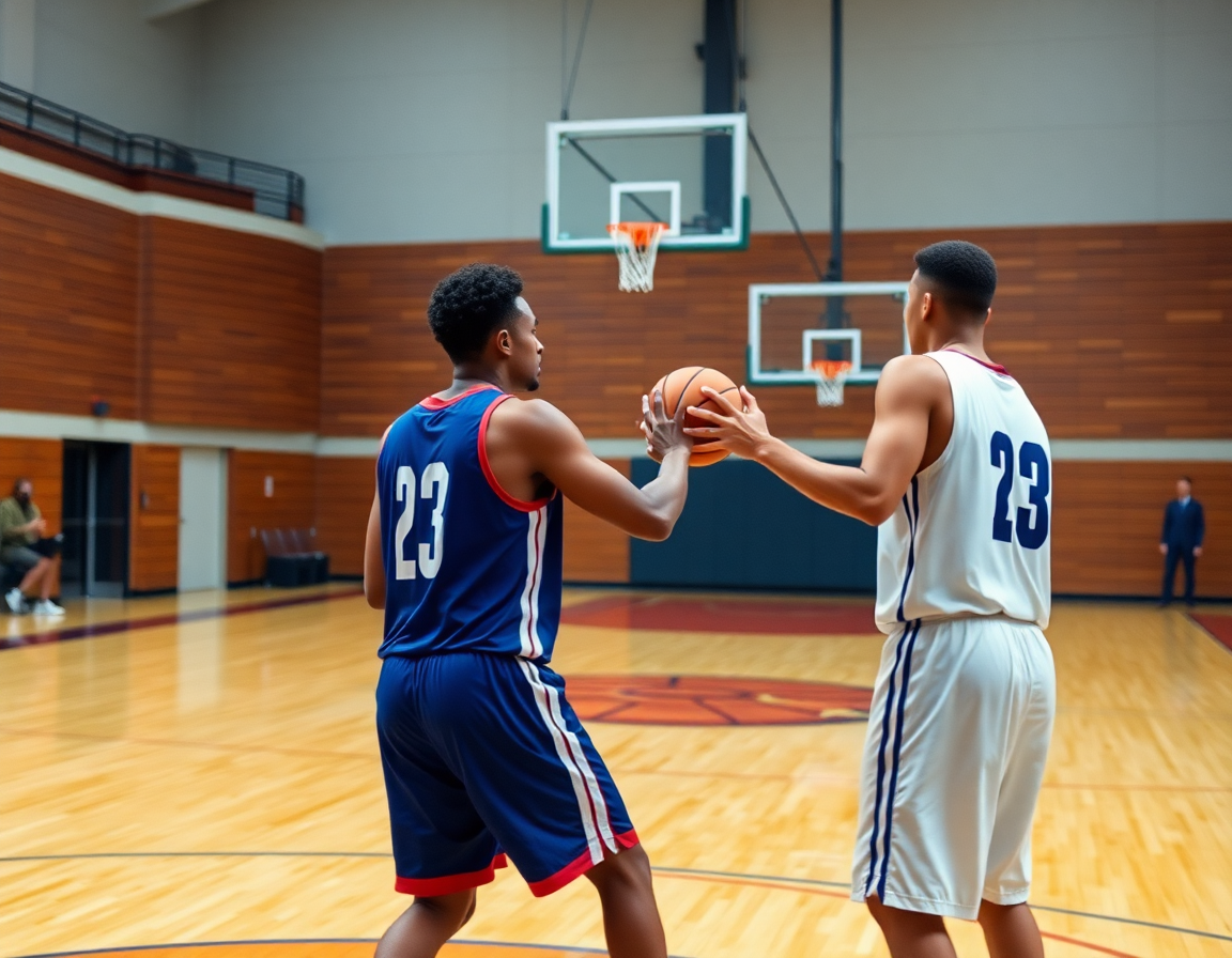 Dos jugadores realizan un give-and-go en un ejercicio de bote y pase en baloncesto.