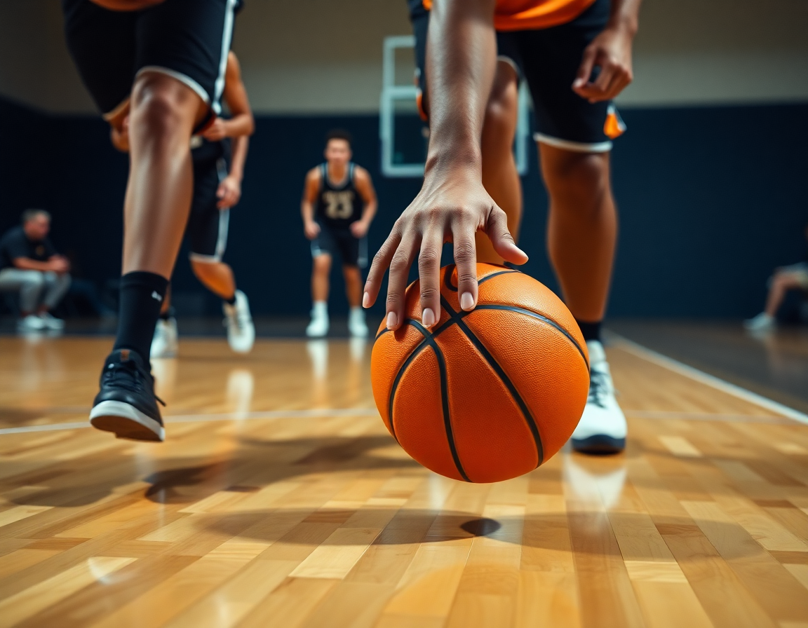 Primer plano de una mano guiando un balón naranja para ejercicios de bote y pase en baloncesto.