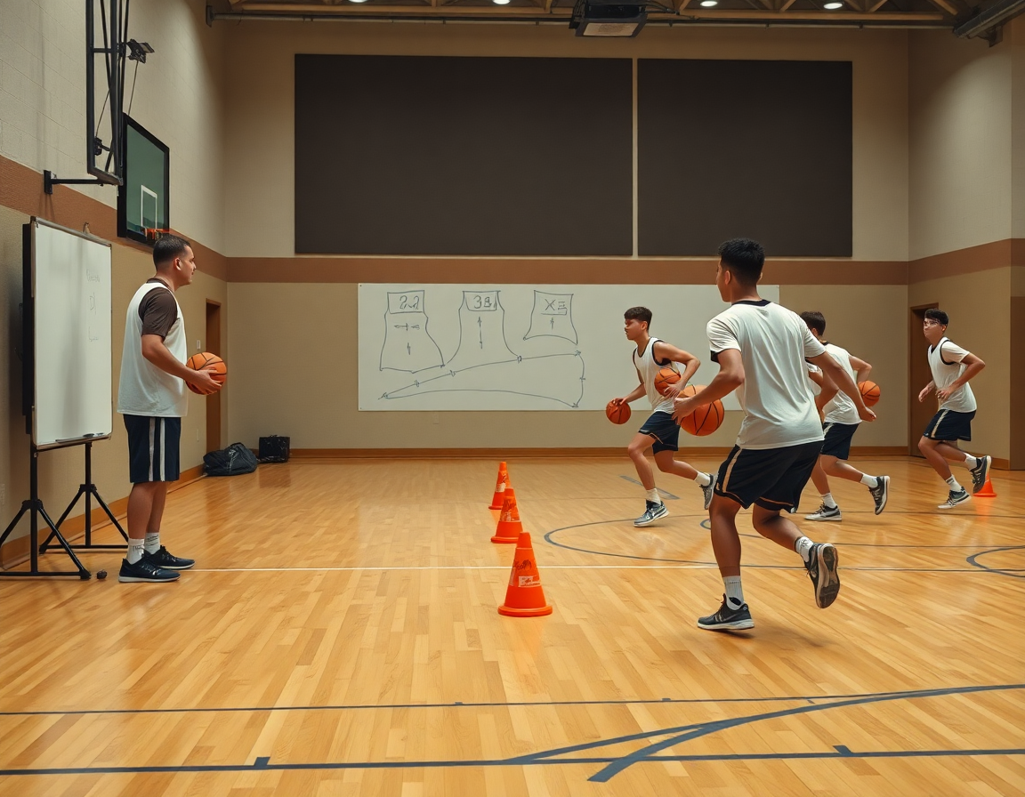 Primer plano: entrenador señala un plan de ejercicios bote de velocidad baloncesto mientras jugadores driblan.