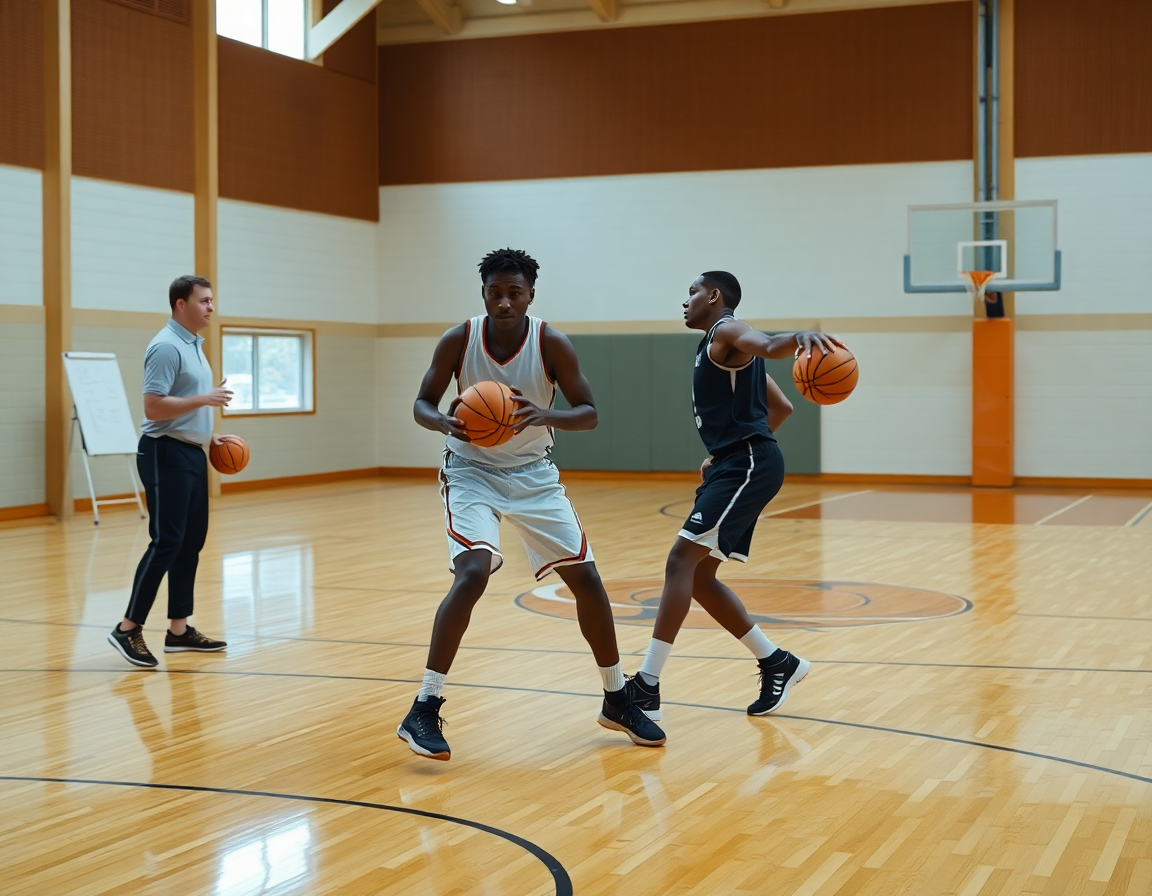 Dos jugadores realizan un rápido pase y corte durante un calentamiento de baloncesto con balón.