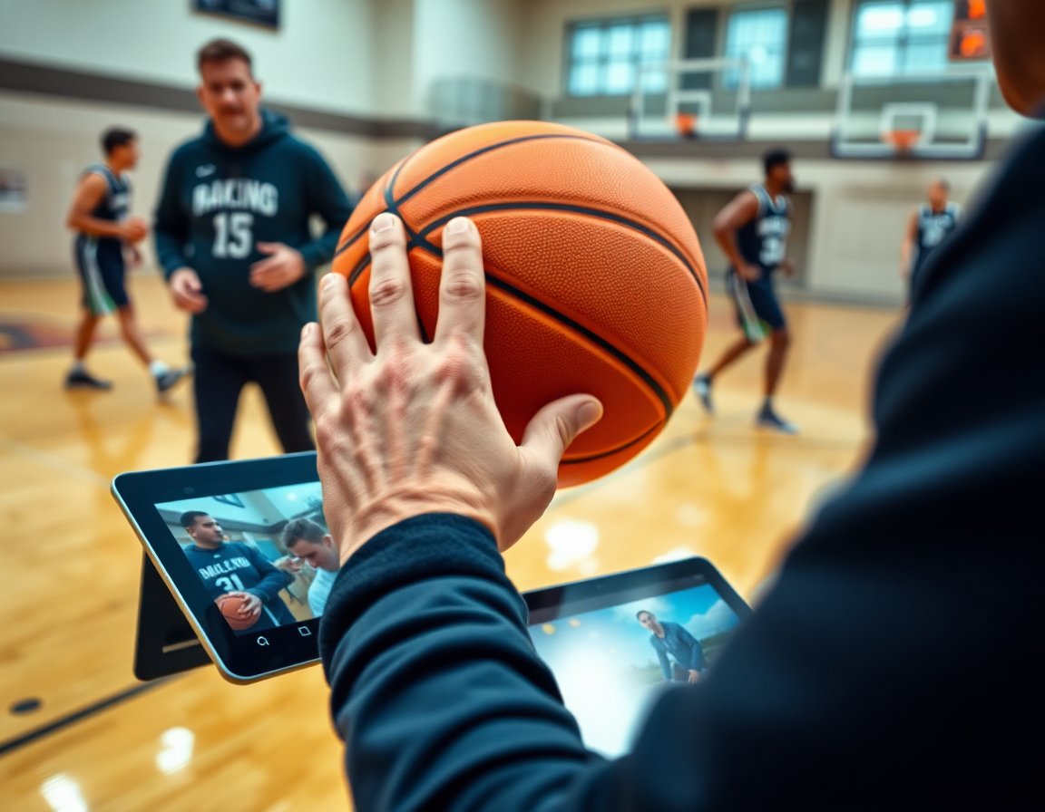 Primer plano de manos controlando un balón naranja durante ejercicios de calentamiento de baloncesto con balón.