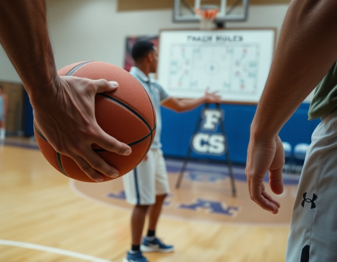 Primer plano de manos con balón, ejercicios calentamiento baloncesto infantil durante el drill.