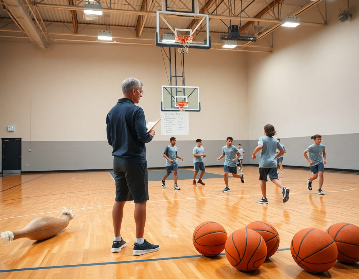 Escena amplia en gimnasio de baloncesto junior, mostrando ejercicios calentamiento baloncesto junior y planificación semanal.