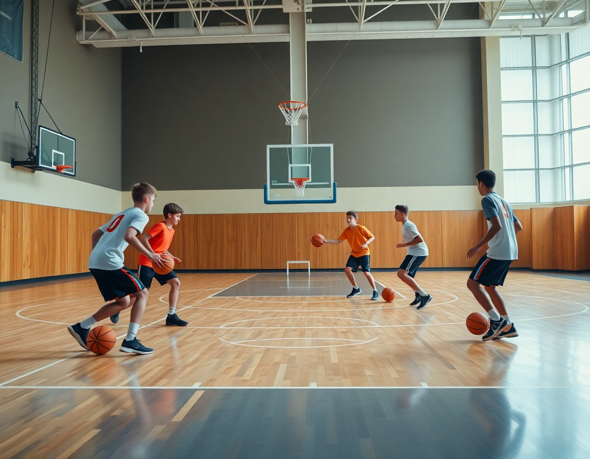 Demostración de progresión de drills para baloncesto junior, con tablero táctico en la cancha.