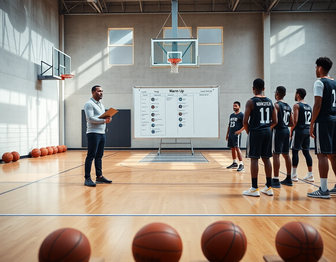 Plan semanal de ejercicios calentamiento baloncesto mostrado en pizarra durante calentamiento de equipo