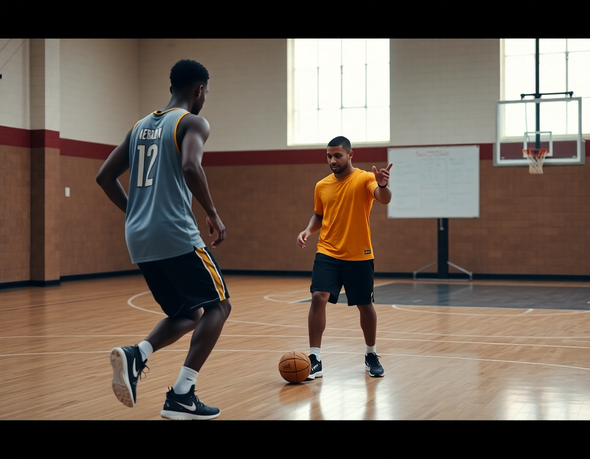 Ejercicios calentamiento baloncesto centrados en técnica, con coach corrigiendo postura cerca de la línea