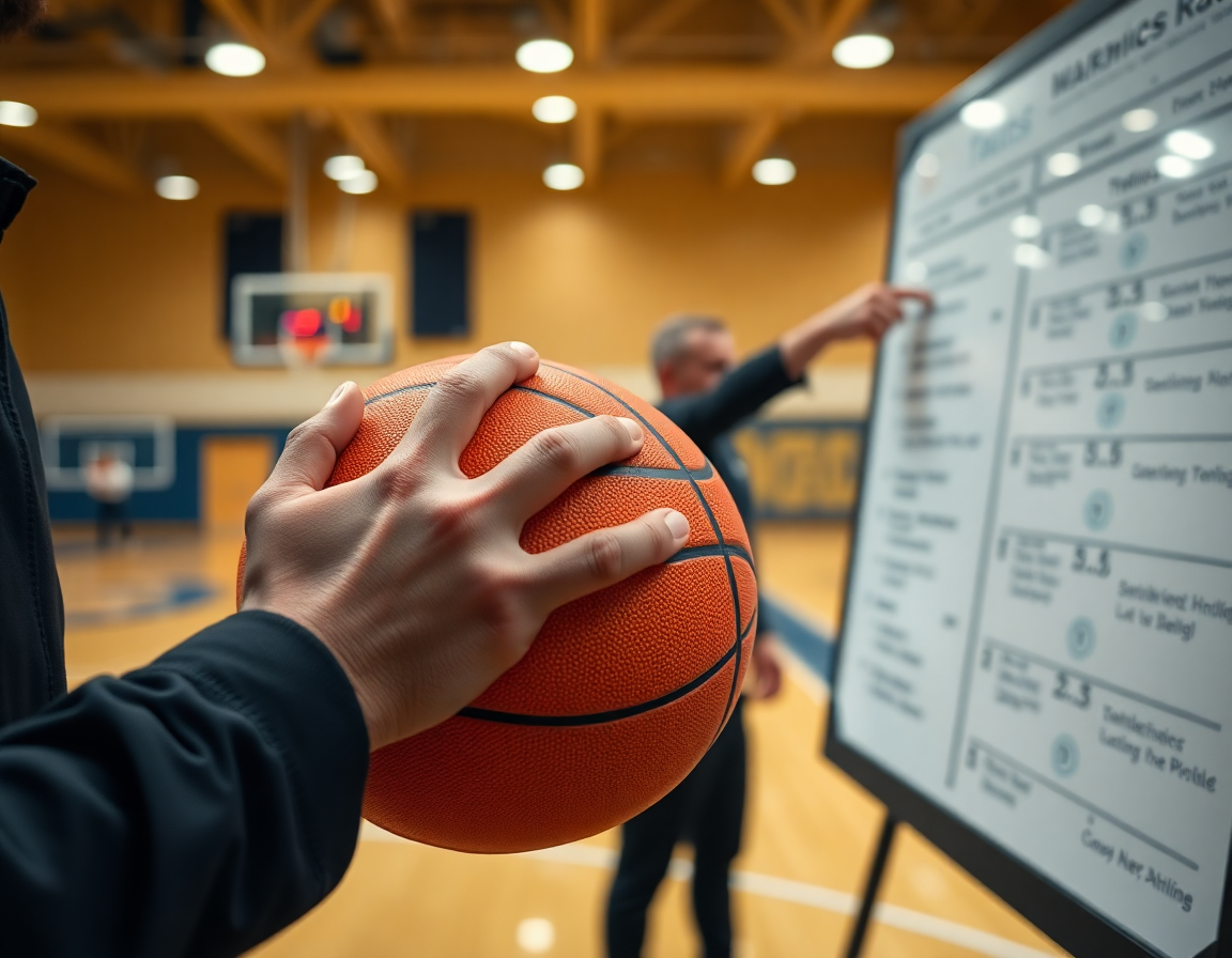 Primer plano de manos con balón de baloncesto mientras el entrenador señala la pizarra; ejercicios calentamiento baloncesto senior.