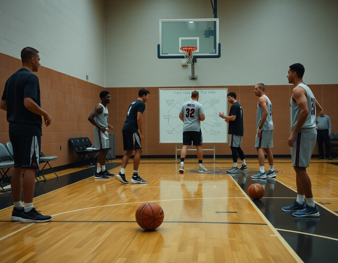 Varios jugadores practican un pase rápido mientras el entrenador señala con la pizarra; ejercicios calentamiento baloncesto senior.