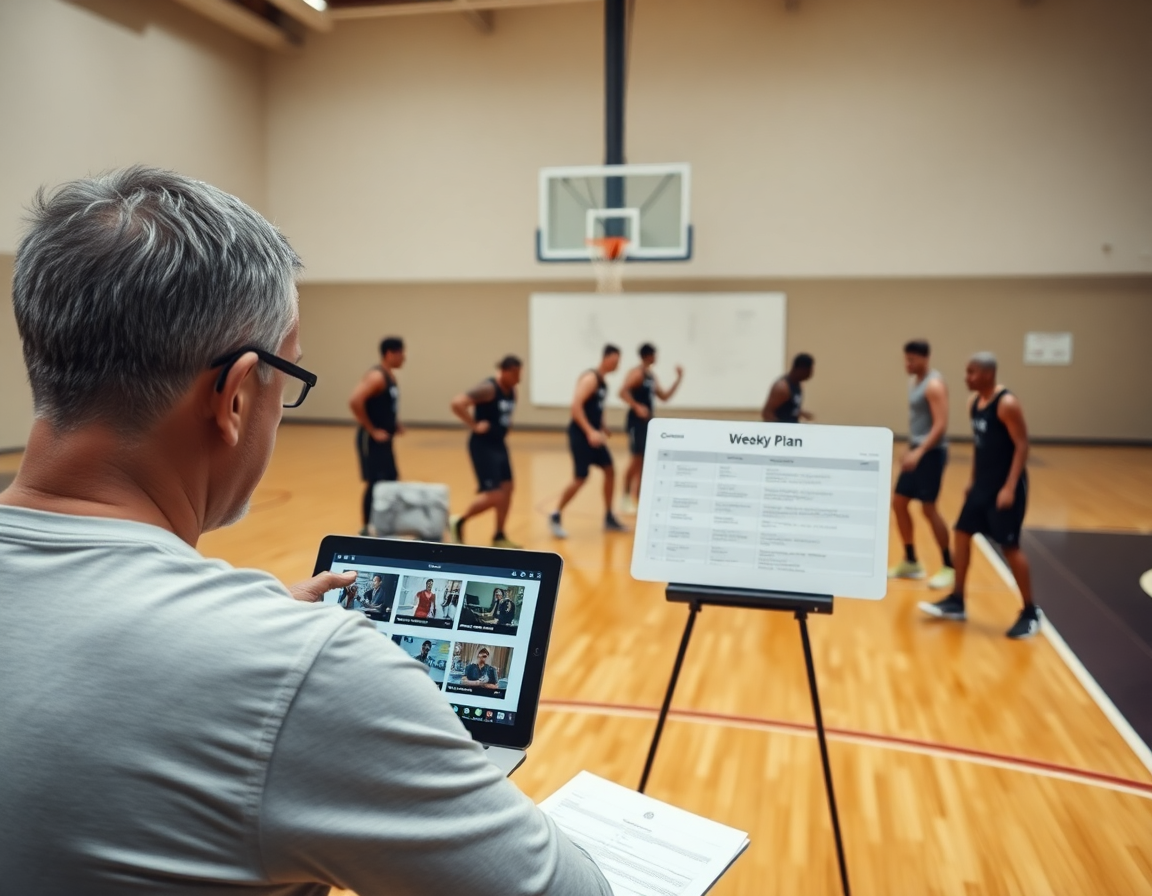 Revisión de video y planes en CourtSensei mientras jugadores de baloncesto realizan calentamiento dinámico; ejercicios calentamiento baloncesto senior.