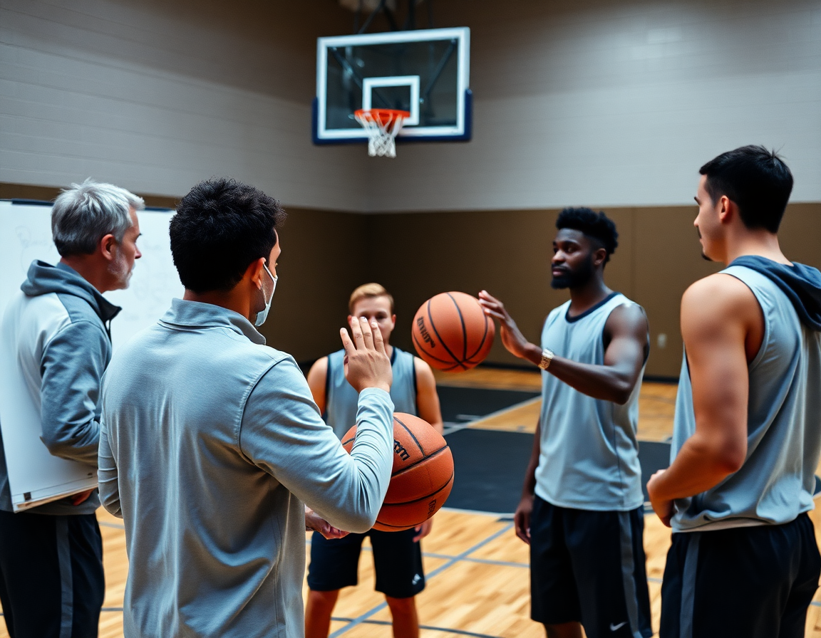 Primer plano de ejercicios calentamiento baloncesto minibasket: entrenador indica jugadas con pizarra y balón