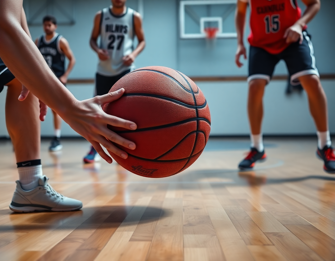 Primer plano de manos sosteniendo un balón de baloncesto durante ejercicios contraataque baloncesto minibasket en pista de baloncesto.