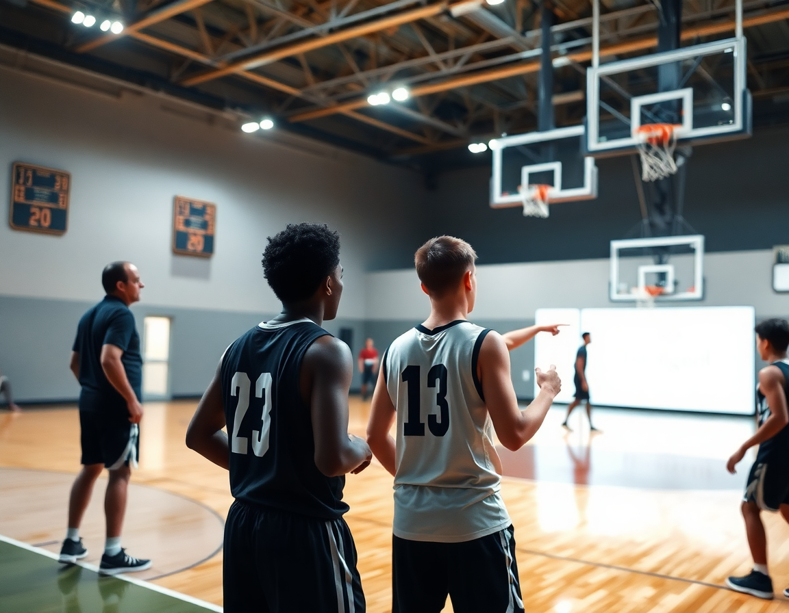 Plano cercano del entrenador con pizarra dirigiendo a jugadores durante ejercicios contraataque baloncesto minibasket en la cancha.