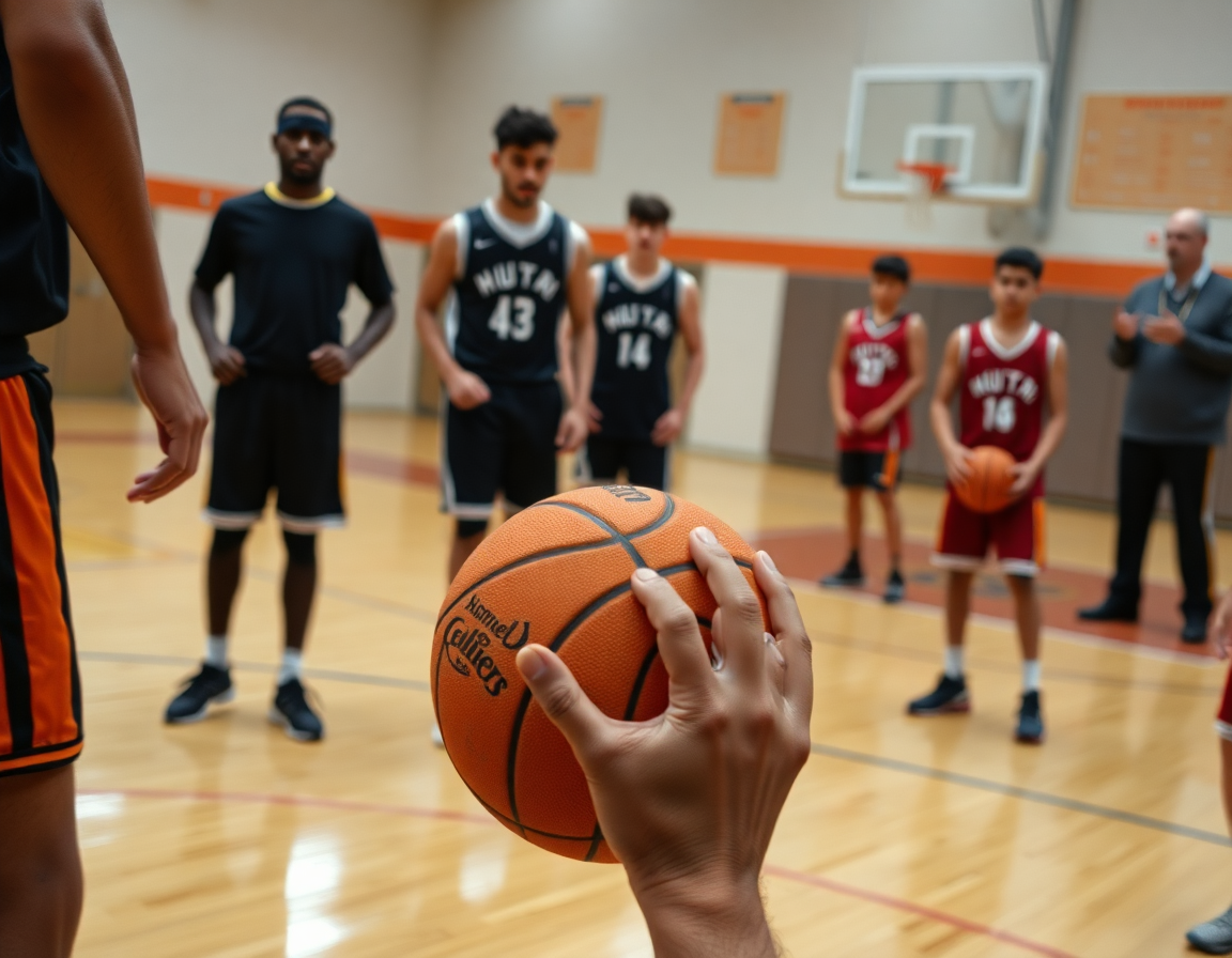 Primer plano de un balón naranja y manos preparadas para ejercicios contraataque baloncesto minibasket durante entrenamiento.
