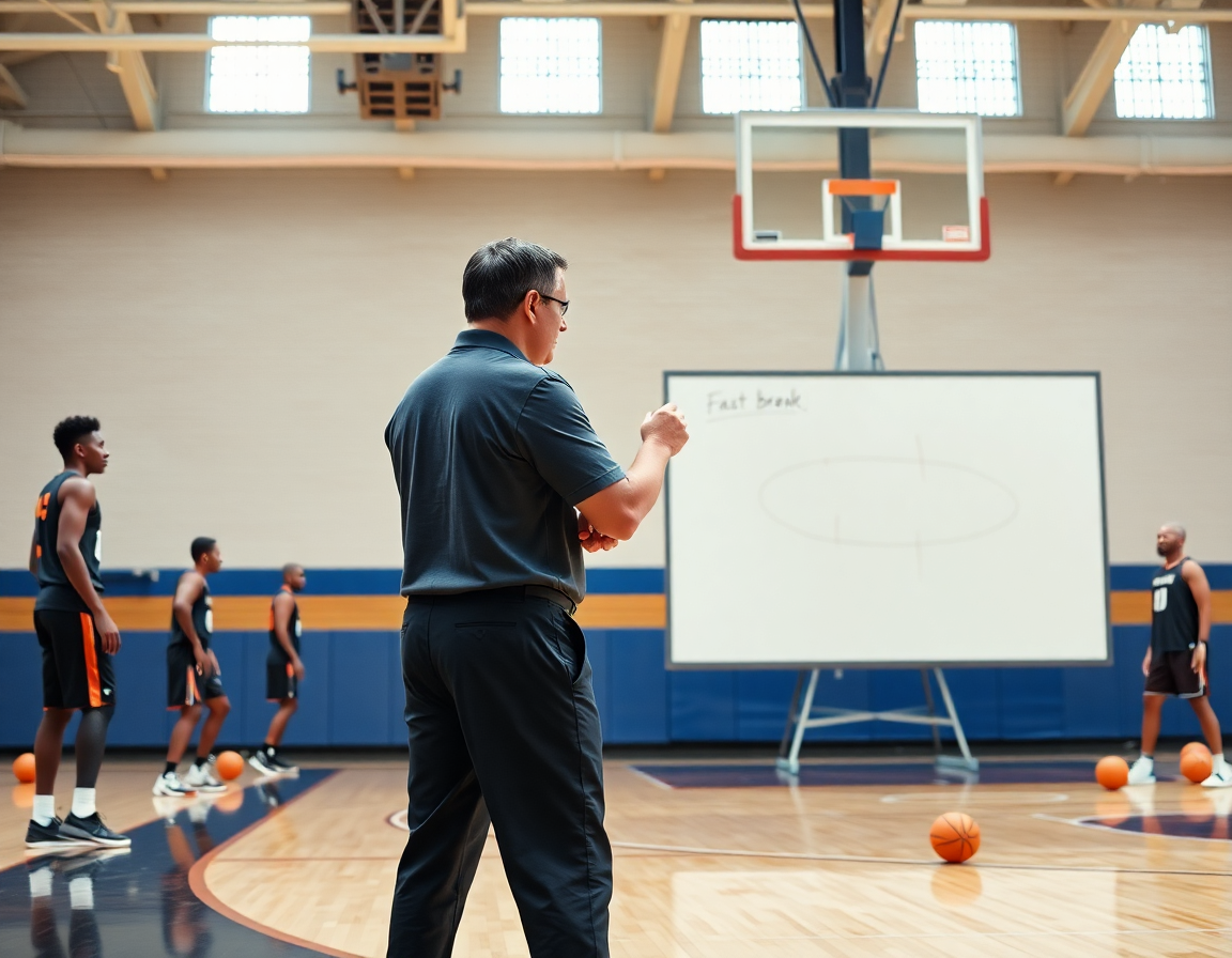 Primer plano del entrenador explicando ejercicios contraataque baloncesto pdf con balón naranja.