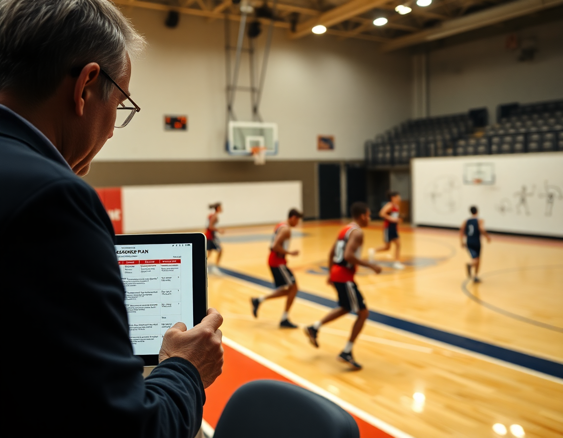 Entrenador revisa un plan semanal desde un pdf de ejercicios contraataque baloncesto pdf en pista.