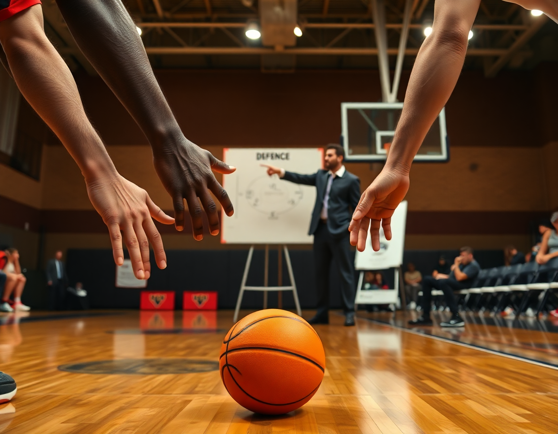 Primer plano de manos de dos jugadores defendiendo cerca de la pintura; entrenador señala ejercicios defensa baloncesto alevin.