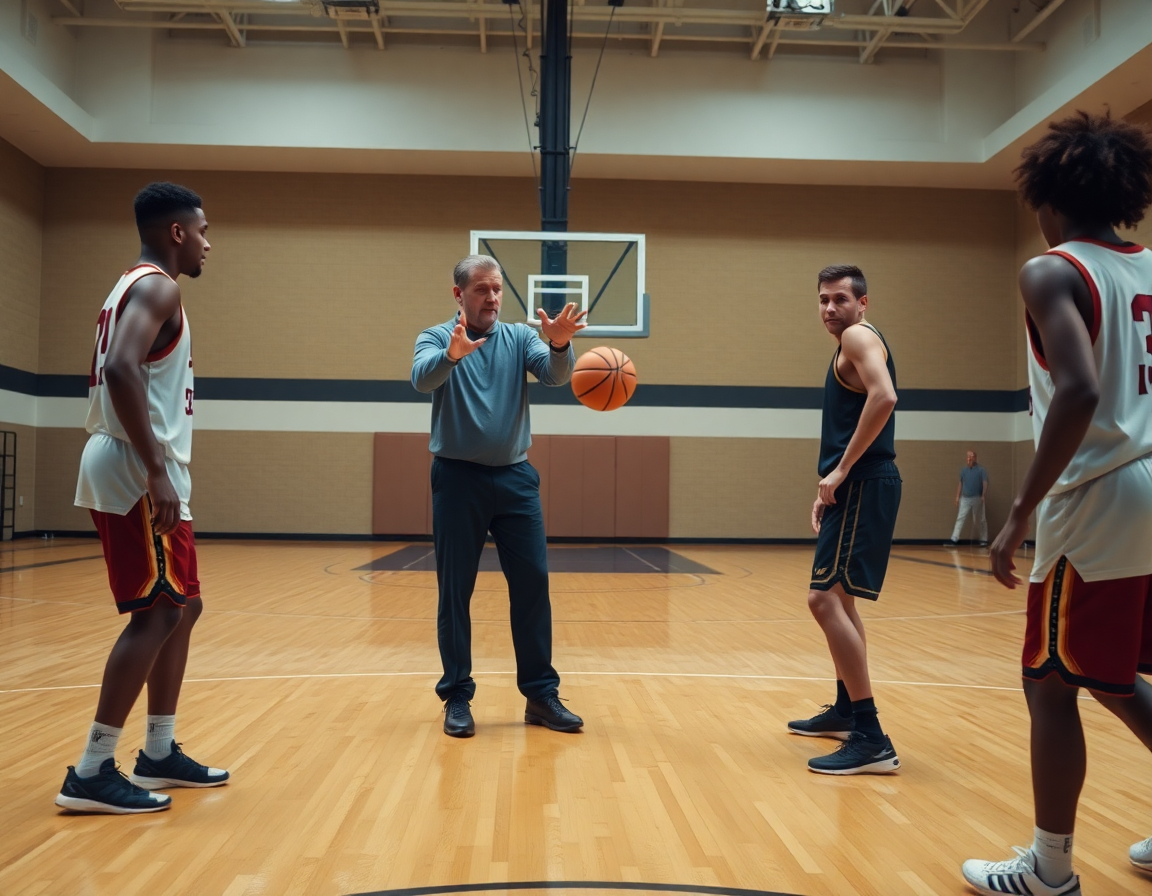 Entrenador dirige ejercicios defensa baloncesto alevin mostrando progresión de uno contra uno a dos contra dos en cancha.