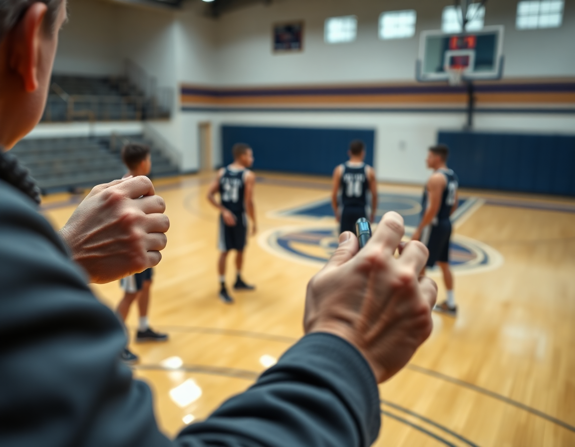 Plano detalle de cadetes ejecutando ejercicios defensa baloncesto cadete en el perímetro, moviendo pies y mirando al balón.