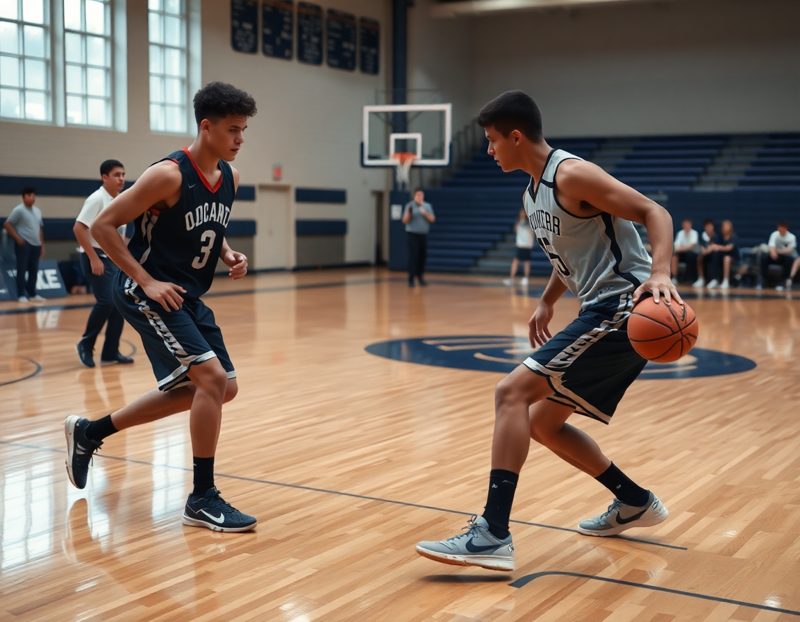 Plano corto de dos cadetes ejecutando ejercicios defensa baloncesto cadete en el perímetro.