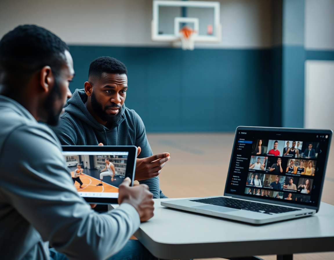 Plano corto de entrenador y jugadores viendo un clip de baloncesto en una tablet durante scouting.