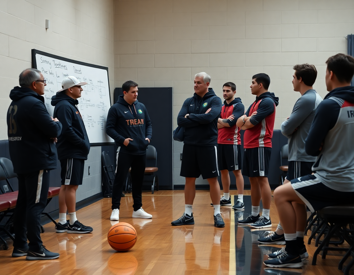 Defensa en acción: ejercicios de defensa para baloncesto se explican en una pizarra táctica junto a la cancha.