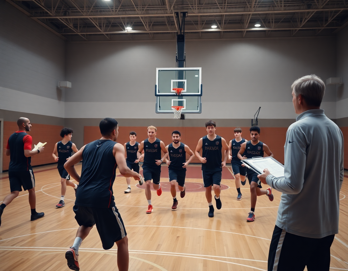 Planos cercanos: jugadores en la cancha ejecutando ejercicios de defensa baloncesto infantil con el entrenador usando la pizarra.