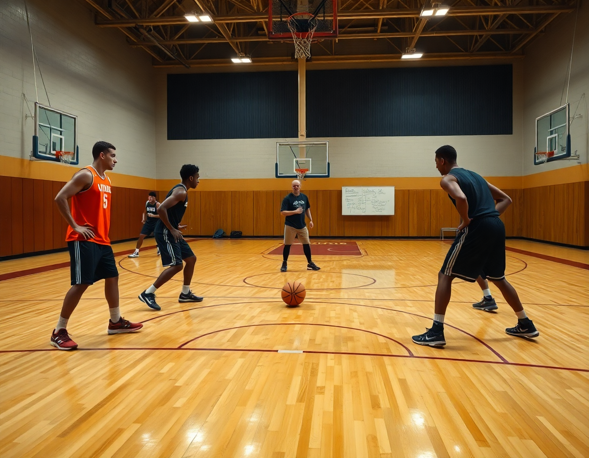 Ejercicios defensa baloncesto mini: jugadores en shell drill perimetral durante entrenamiento en gimnasio.