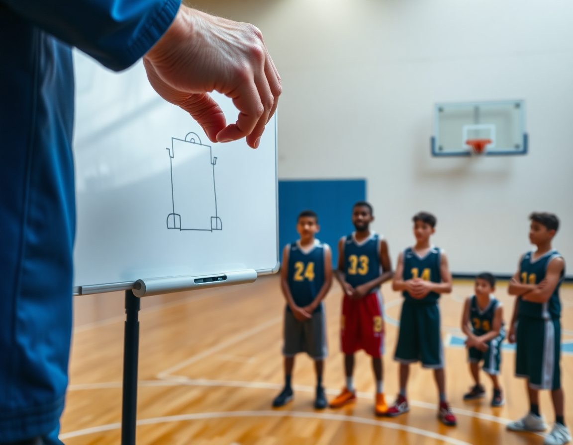 Primer plano de ejercicios defensa baloncesto minibasket en la pizarra, con jugadores atentos observando.