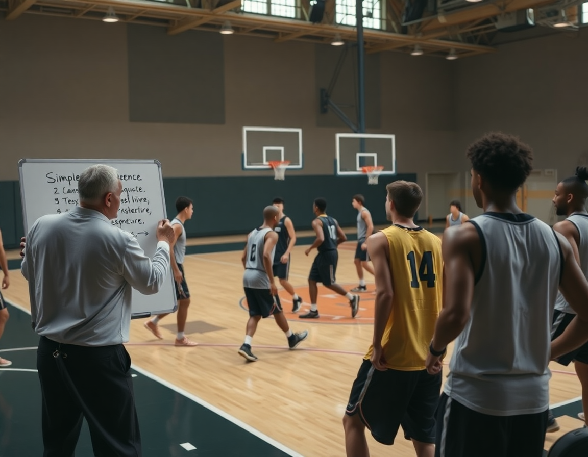 Entrenador explica ejercicios defensa baloncesto minibasket desde la pizarra, mientras jugadores ejecutan movimientos defensivos.