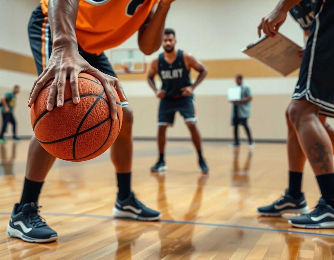 Primer plano de manos con balón naranja y defensa baloncesto, mientras jugadores ejecutan ejercicios defensa baloncesto.
