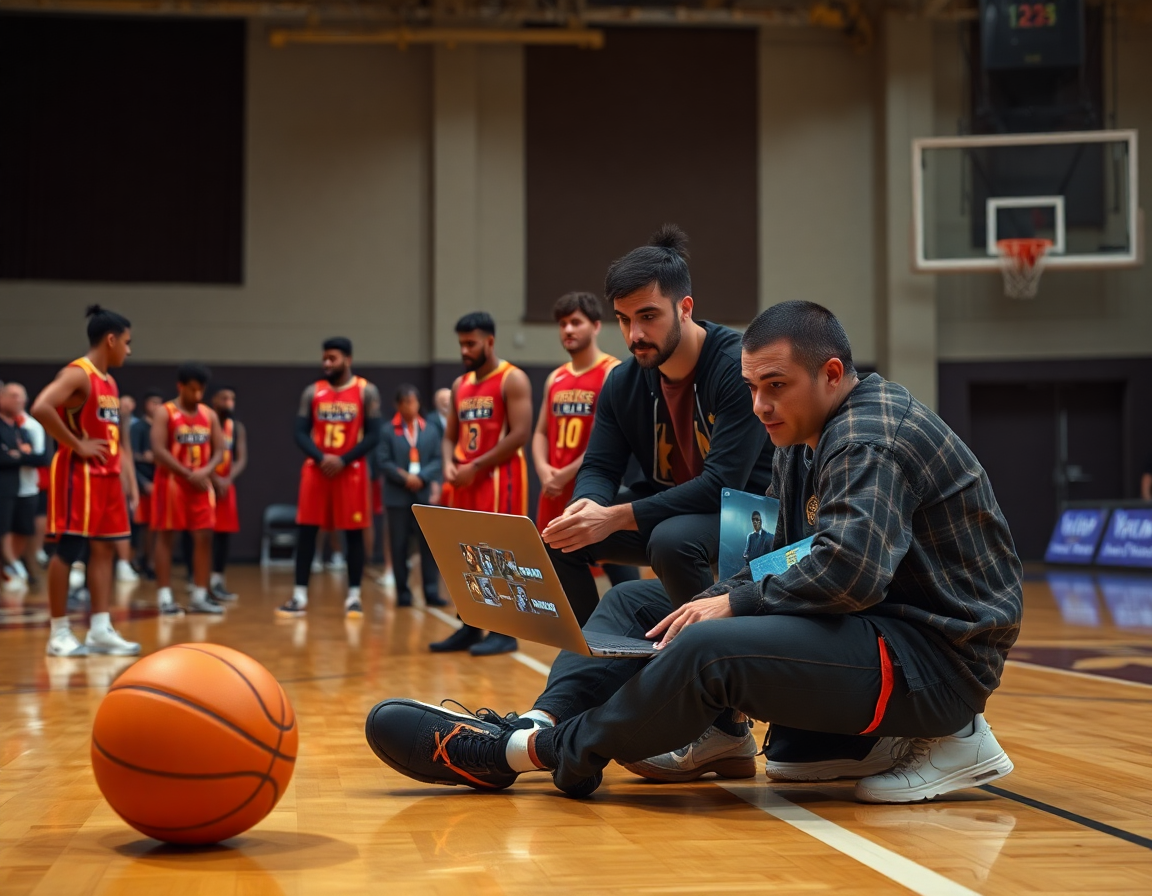 Equipo revisa video y scouting para ajustar ejercicios defensa baloncesto durante la sesión en la cancha.