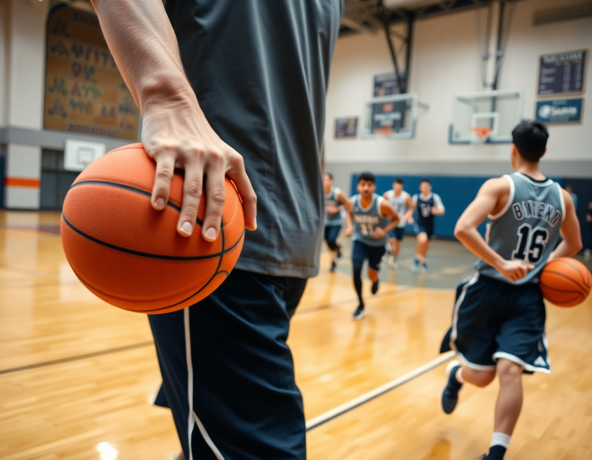 Primer plano de manos con un balón naranja durante ejercicios defensa contraataque baloncesto en la cancha.