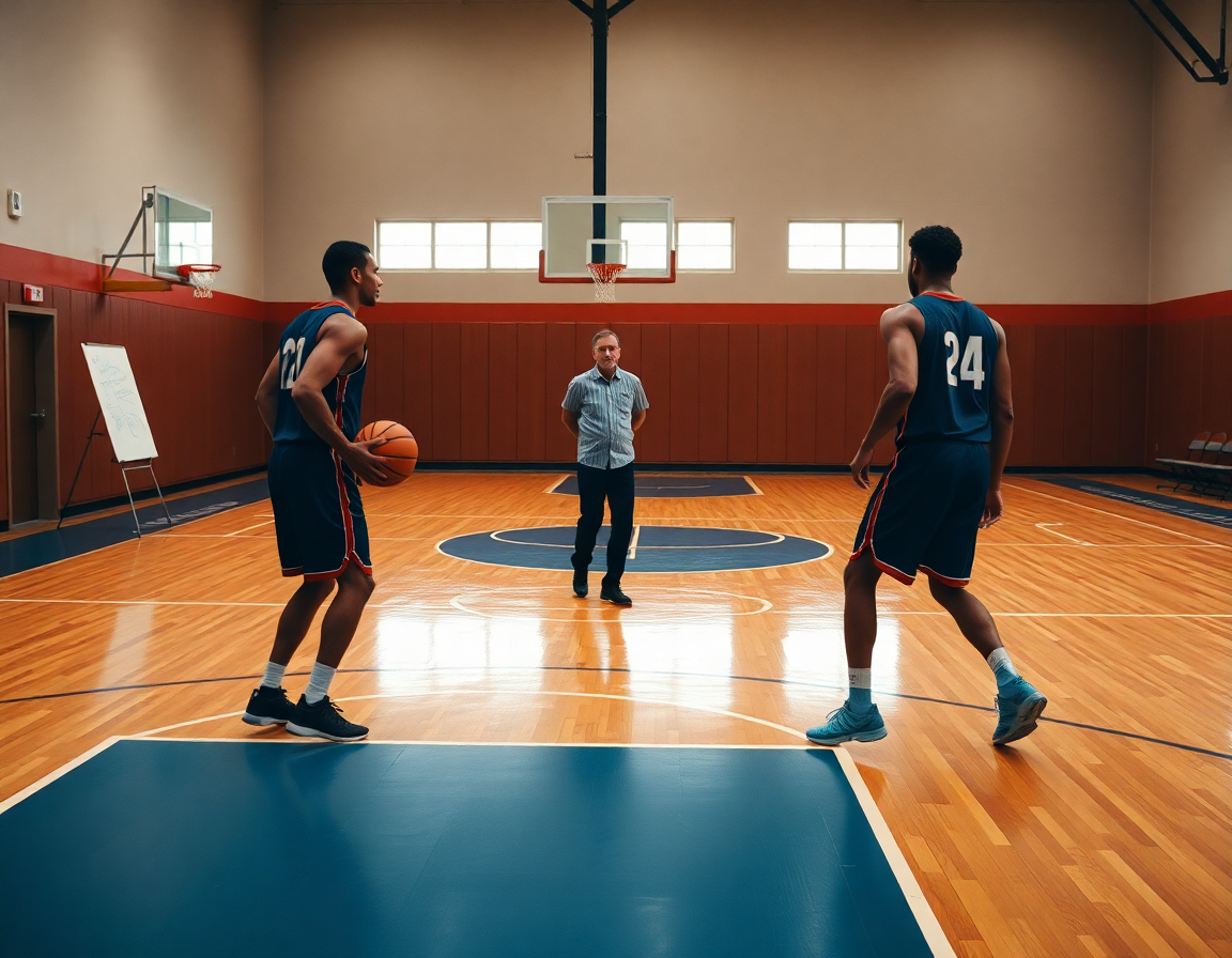 Medio plano de jugador con balón, defensa y pase, durante ejercicios defensa contraataque baloncesto en la cancha.