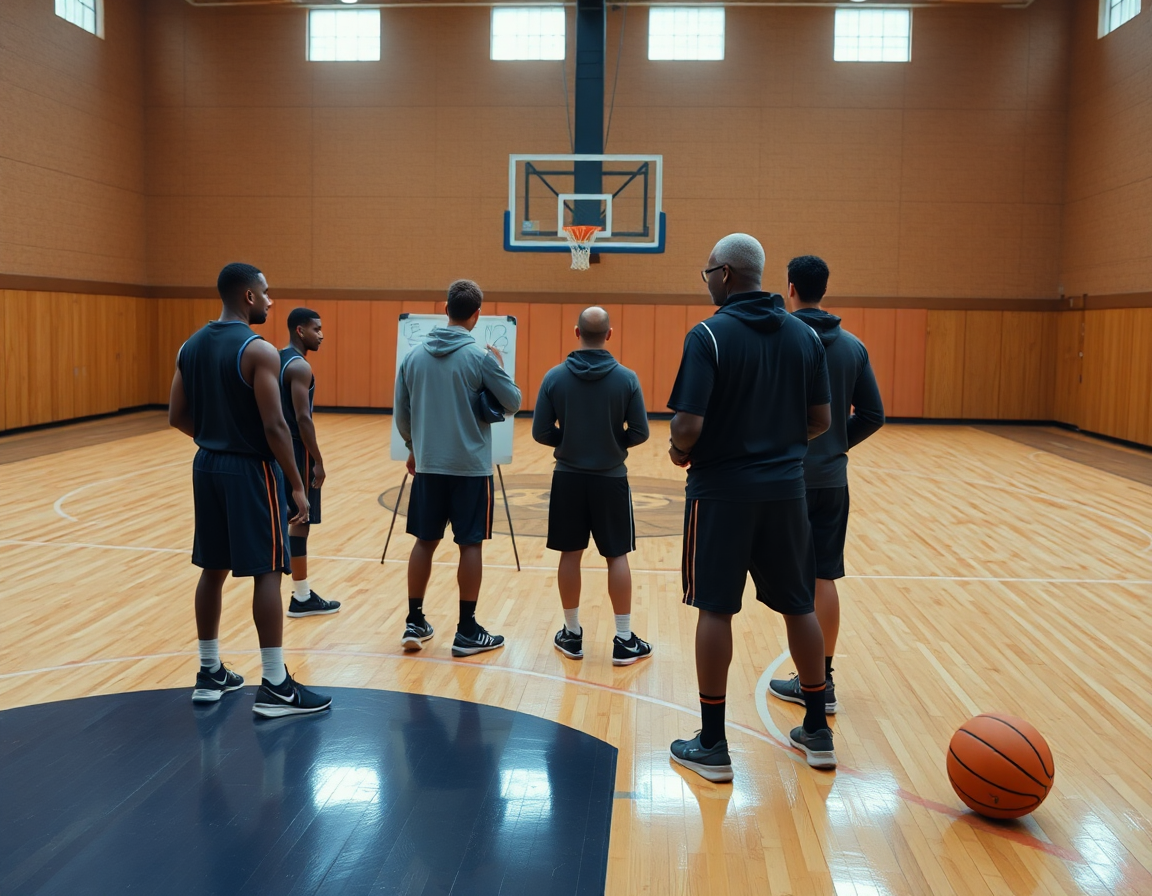Vista amplia de la cancha de baloncesto, equipo estudia ejercicios defensa contraataque baloncesto en un gimnasio.