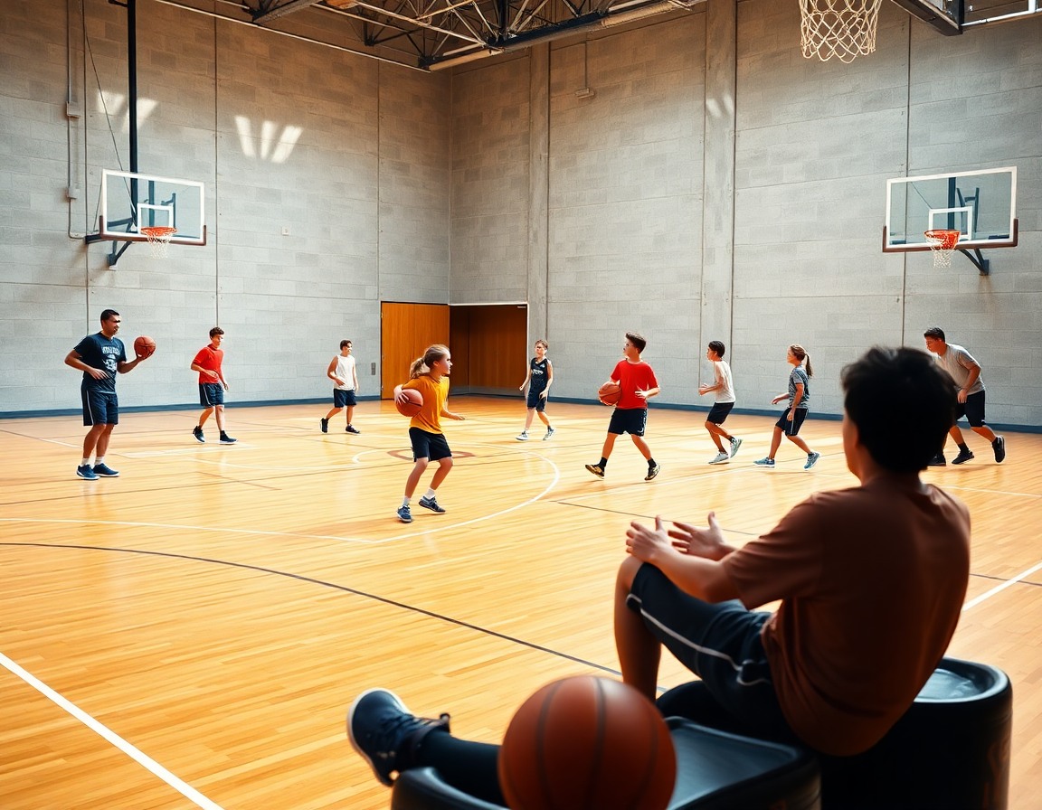 Calentamiento inicial para ejercicios entrenamiento baloncesto infantil en cancha de baloncesto.