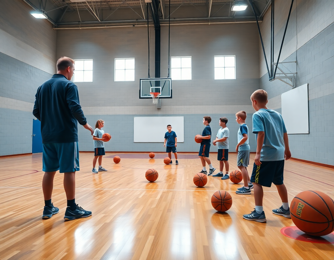 Escena en gimnasio de baloncesto con entrenador, ejemplos de ejercicios entrenamiento baloncesto niños en la pizarra.