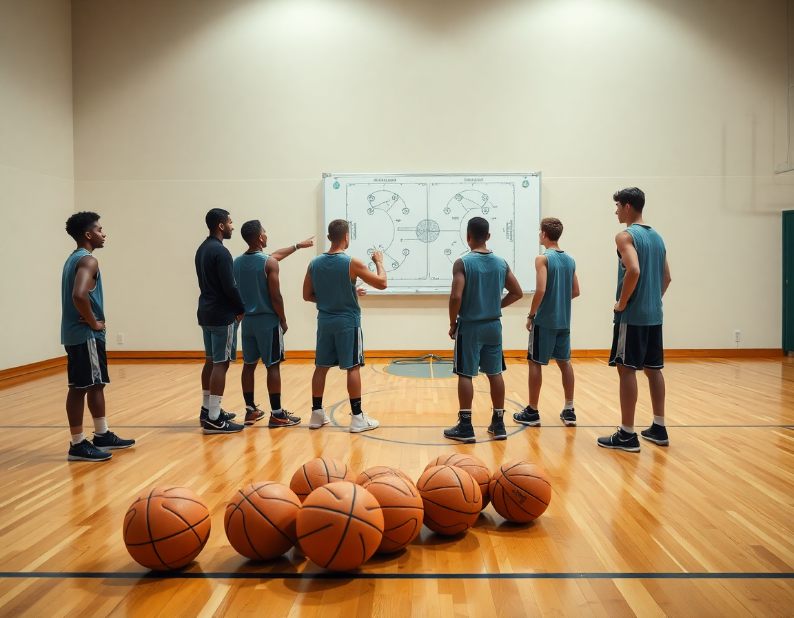 Escena de scouting en gym de baloncesto, entrenador analizando rivales con ejercicios entrenamiento baloncesto niños.