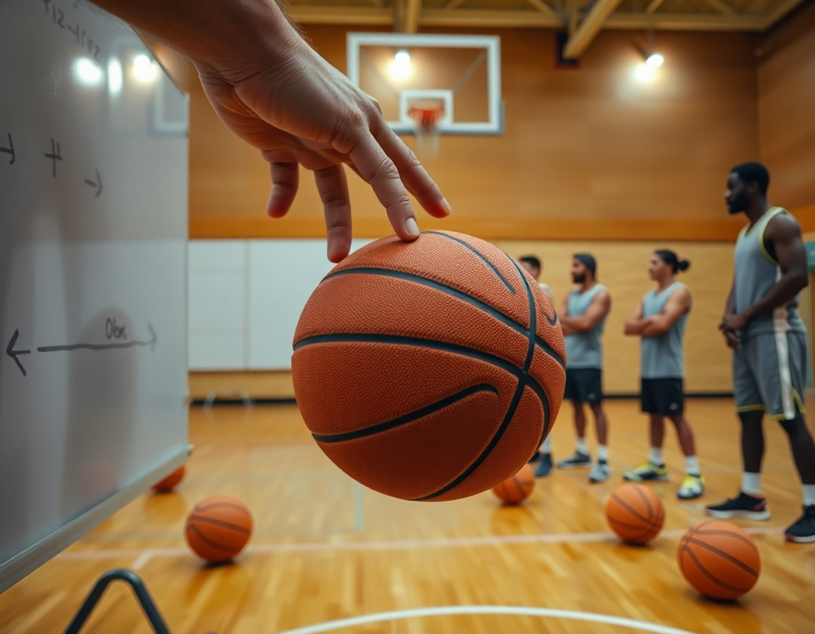 Primer plano de manos con balón de baloncesto frente a una pizarra, ejercicios entrenamiento baloncesto.