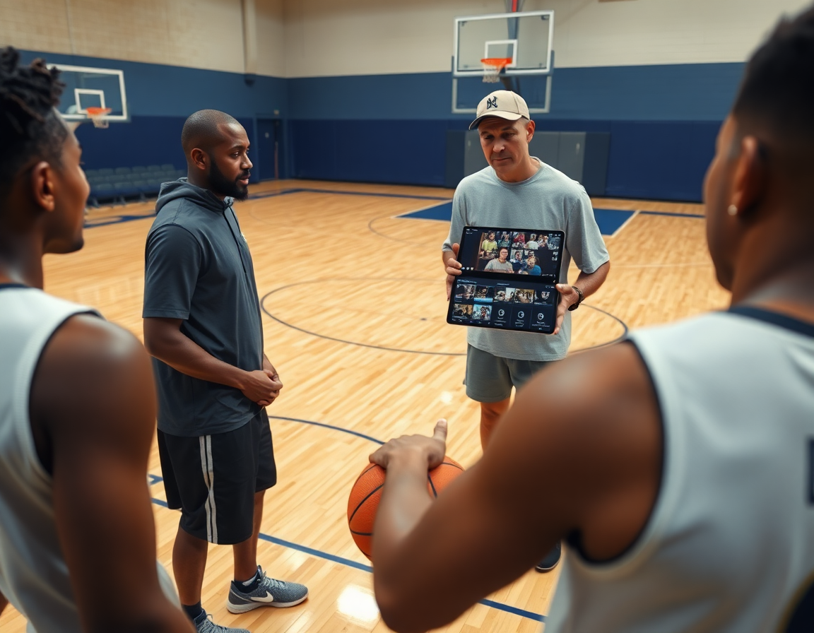 Vista cercana de jugadores observando clips de baloncesto en una tablet, mientras discuten ejercicios entrenamiento baloncesto.