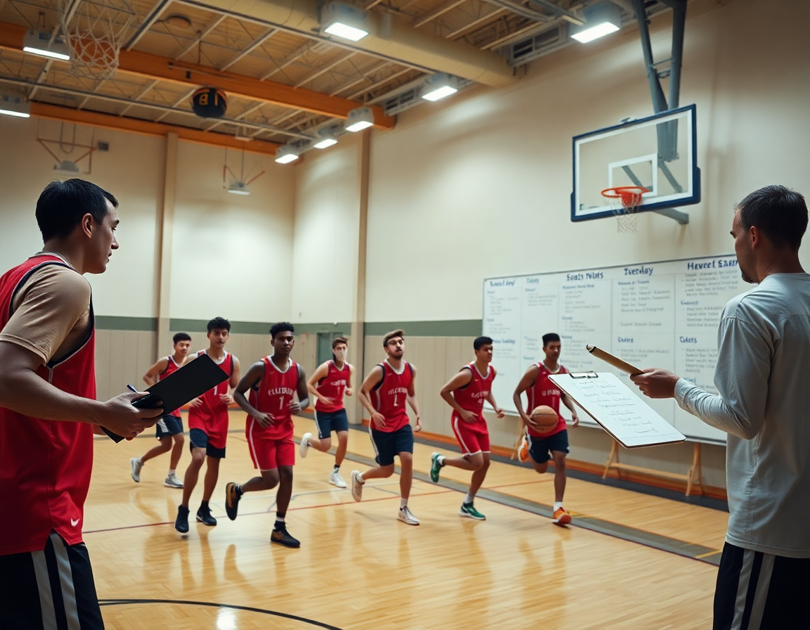 Equipo ejecutando ejercicios entrenamiento baloncesto con lista de verificación y plan semanal en la pista de baloncesto.
